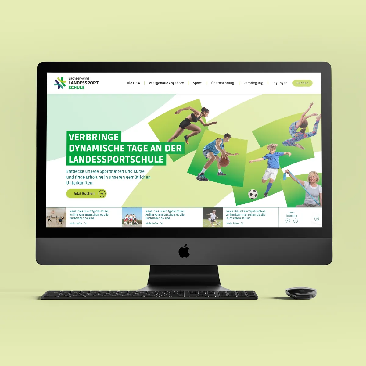 Screenshot der Startseite der Website der Landessportschule Sachsen-Anhalt, Collage mit Menschen, die verschiedene Sportarten wie Basektball, Fussball oder Gymnastik ausüben.