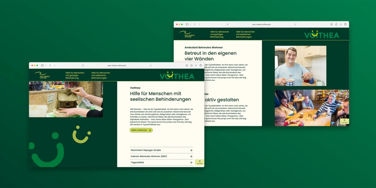 Zwei Webdesign von Unterseiten der Website der Voithea Behindertenhilfe der Paul-Riebeck-Stiftung zu Halle an der Saale