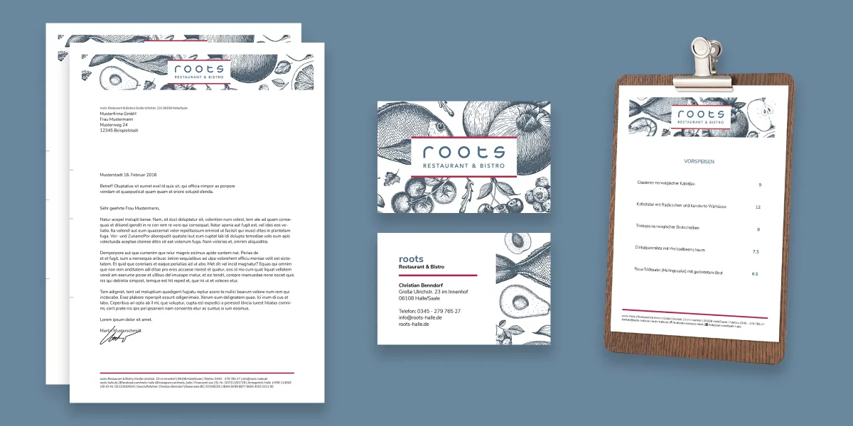 roots Restaurant & Bistro – Speisekarte und Geschäftsausstattung