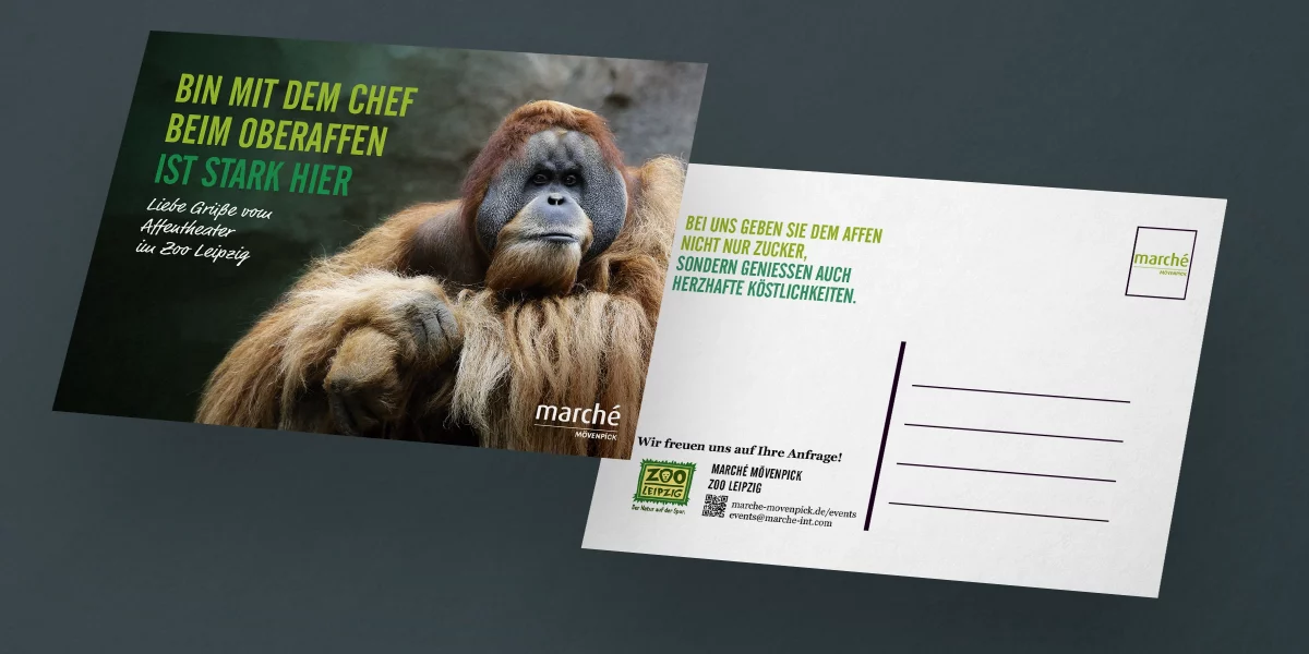 Postkarte mit Vorder- und Rückseite zeigt einen männlichen Orang-Utan. Dazu kann man folgenden Text lesen: Bin mit dem Chef beim Oberaffen - ist stark hier. Liebe Grüße vom Affentheater im Zoo Leipzig.