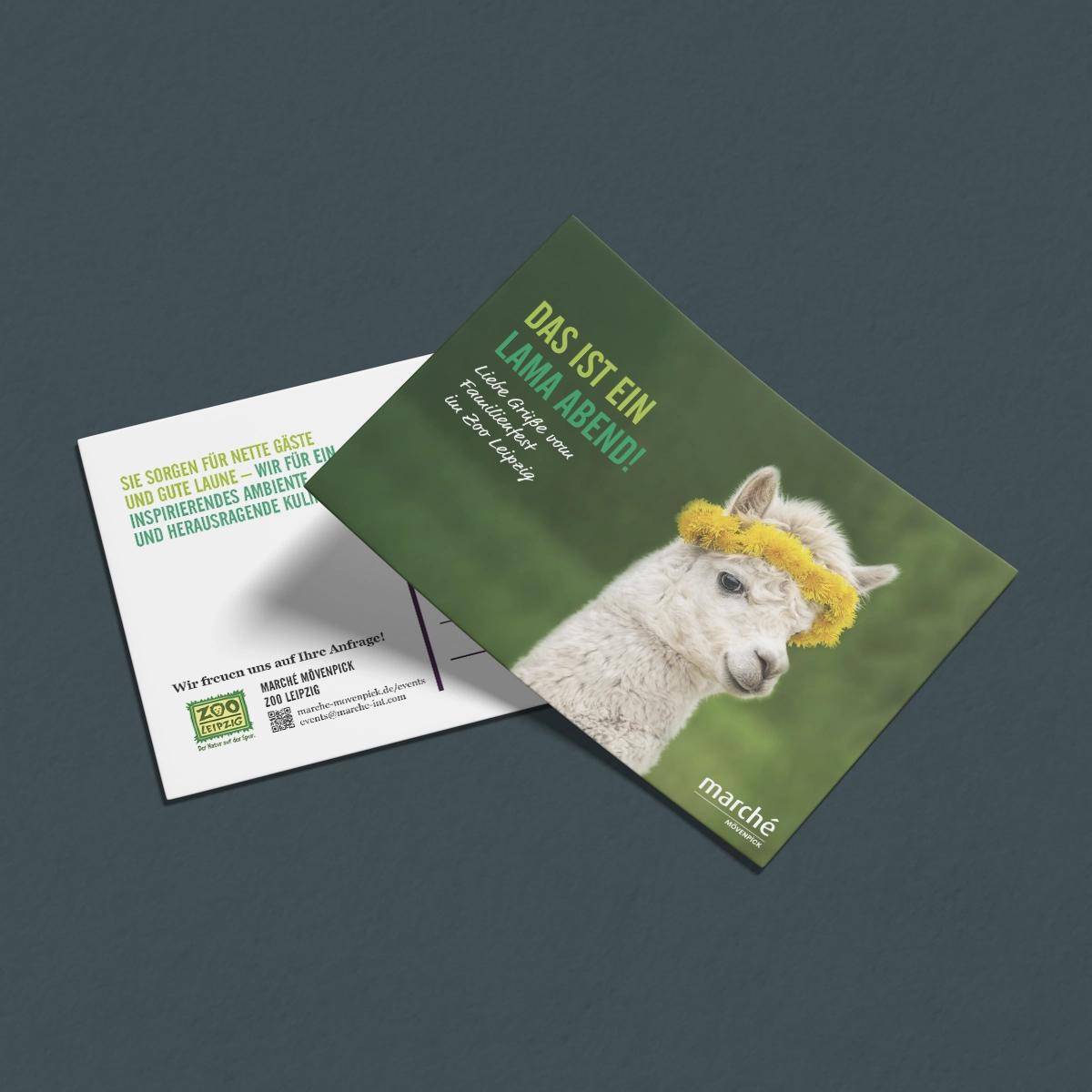 Postkarte zeigt ein Alpaka mit Blumenkranz. Text: Das ist ein ganz Lama Abend.
