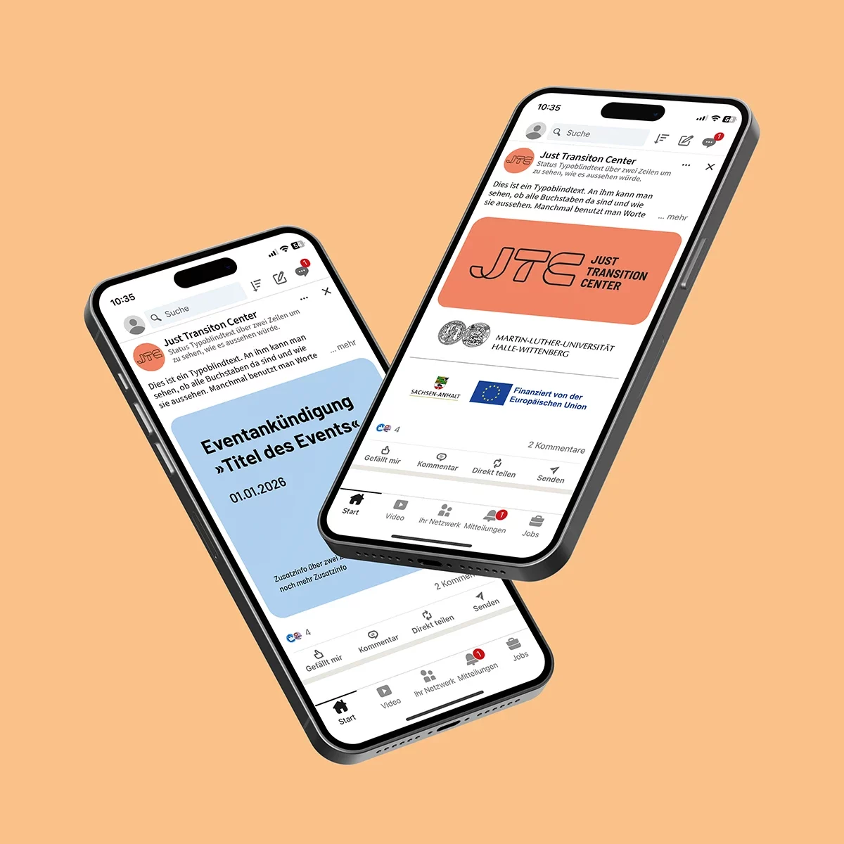 Beispielhafte Social Media Posts im Corporate Design des Just Transition Center