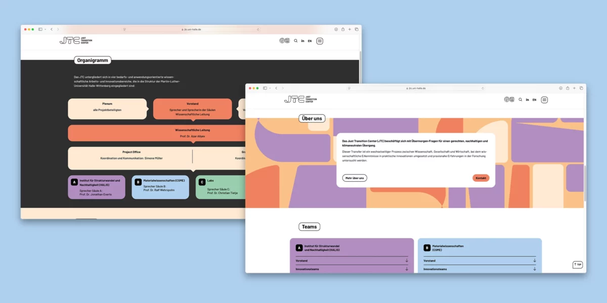 Screenshots der Website des Just Transition Center
